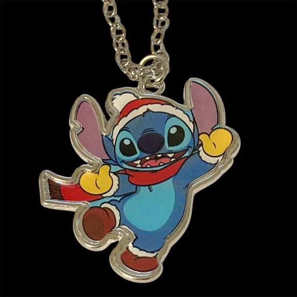 Disney Lilo & Stitch Christmas Necklace Santa Hat Holiday Silver Tone 19" Chain - Picture 2 of 8